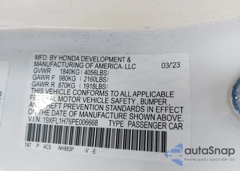 2023 Honda Civic Ex-L /Ex-L W/O Bsi из США, поврежденный, VIN 19XFL1H76PE006668